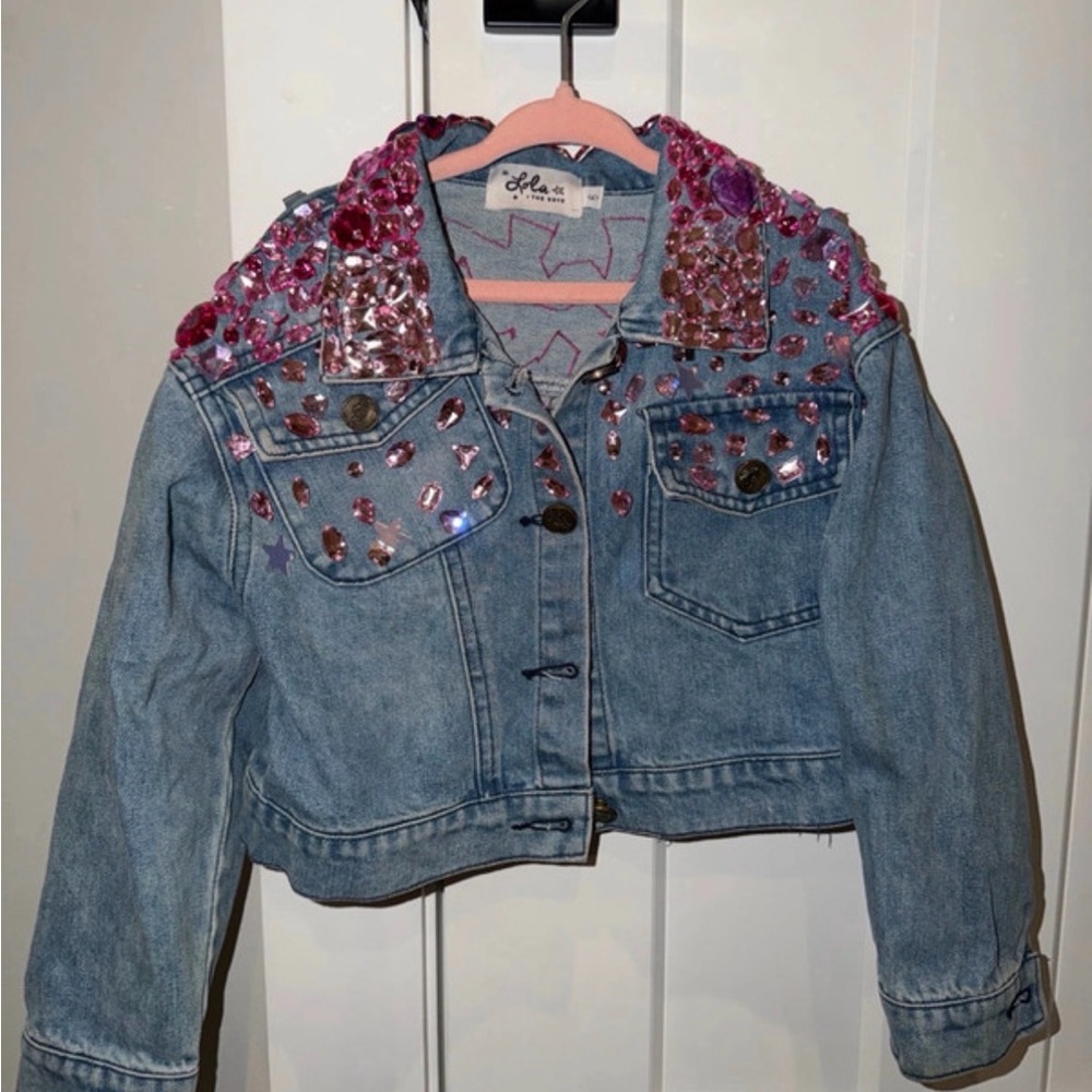 Lola + The Boys Light Blue Denim Jacket with Pink Gem Embellishments